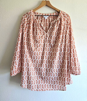 Pure Jill 2X Rust Floral Tunic Top 3/4 Sleeve Boho Coastal Fall Relaxed Folk